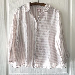 St Tropez Beige Tan Striped Linen Button Down Top
